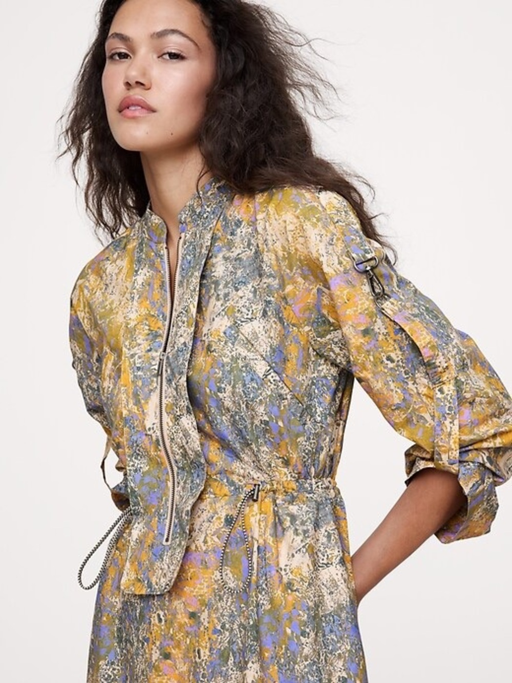 Banana Republic Abstract Floral Print Zip-Front Utility Jacket - Yellow Multi